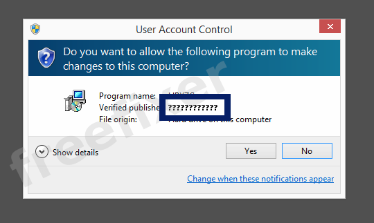 Screenshot where ???????????? appears as the verified publisher in the UAC dialog